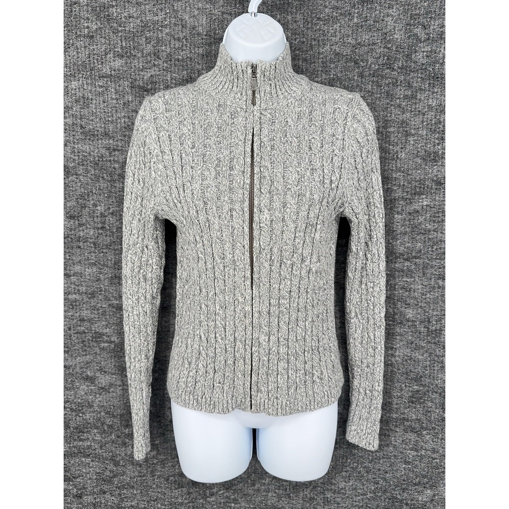 LL Bean Sweater Womens Small Gray Full Zip Mock Neck Cable Knit Long Sleeve